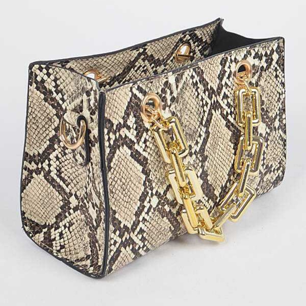 Beige Snakeskin Animal Print Clutch Bag W/ Chain Strap